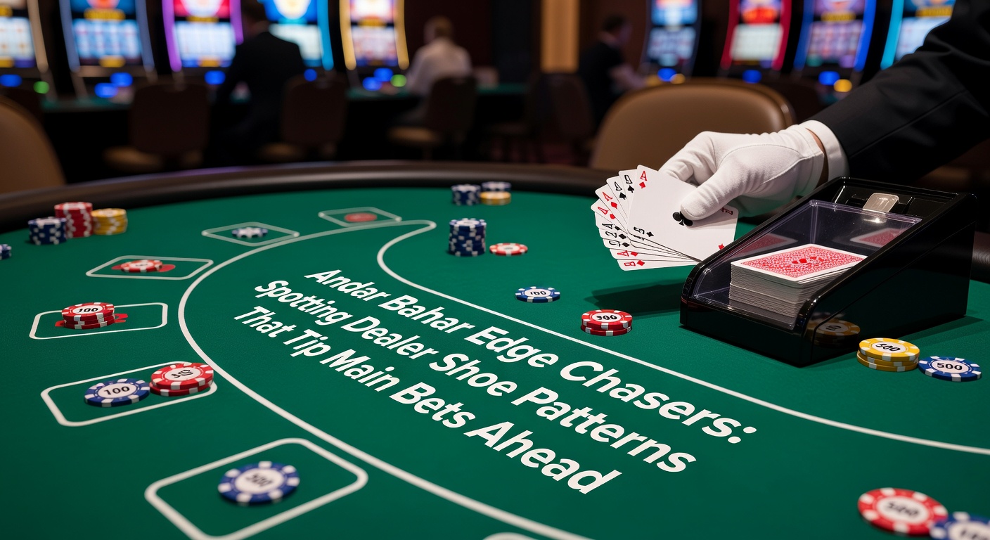 Dealer shoe in een live Andar Bahar spel met kaartenpatronen zichtbaar op het scherm