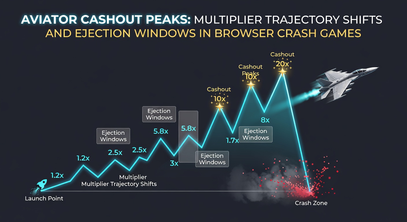 Grafiek van een typische Aviator multipliercurve met markeringen voor cashout pieken en trajectverschuivingen