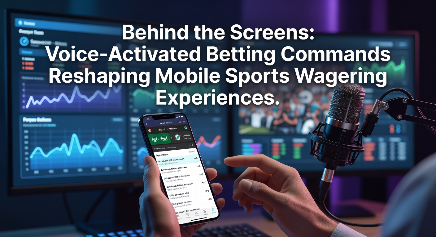 Smartphone met spraakbetting interface tijdens een live voetbalwedstrijd, waarbij een gebruiker een weddenschap plaatst via voice command
