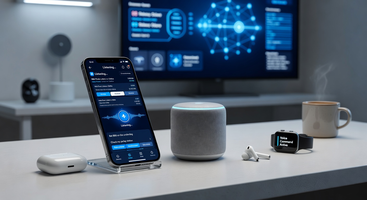 Gebruiker met headset die voice bet plaatst op een tenniswedstrijd, met overlay van app-interface en multiplier grafieken