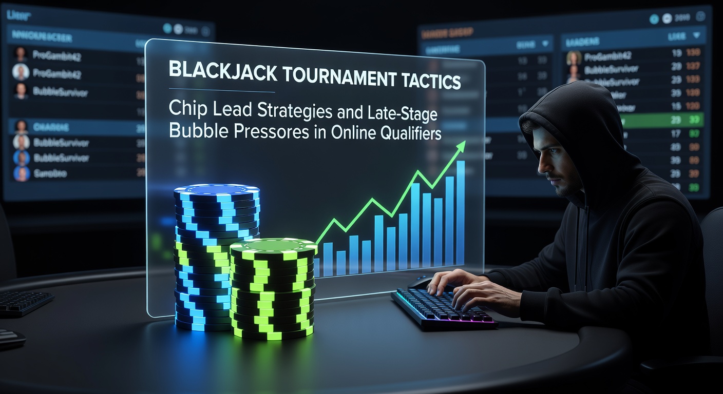 Spelers in een intens blackjack toernooi, met stapels chips en kaarten op de tafel, terwijl de dealer deelt