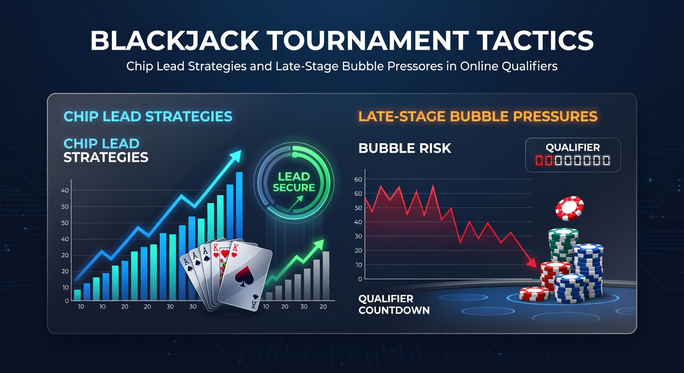 Close-up van een bubble-situatie in een blackjack toernooi, met nerveuze spelers en een grote chip lead stack