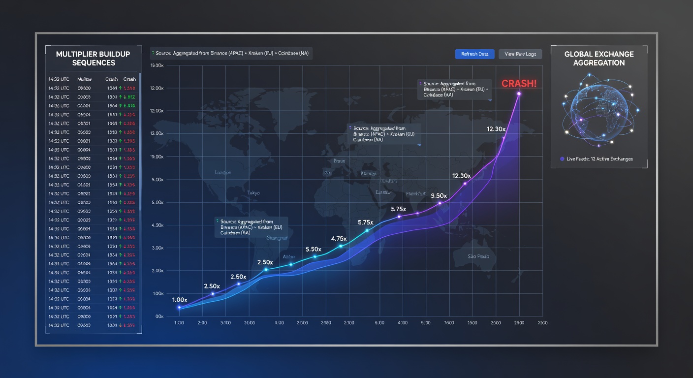 Visualisatie van multiplieropbouwreeksen in crash games gebaseerd op wereldwijde exchange data