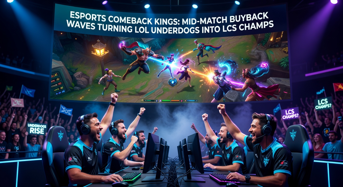 Dramatische League of Legends comeback scène met buyback momenten tijdens een LCS wedstrijd, spelers vieren een ommekeer
