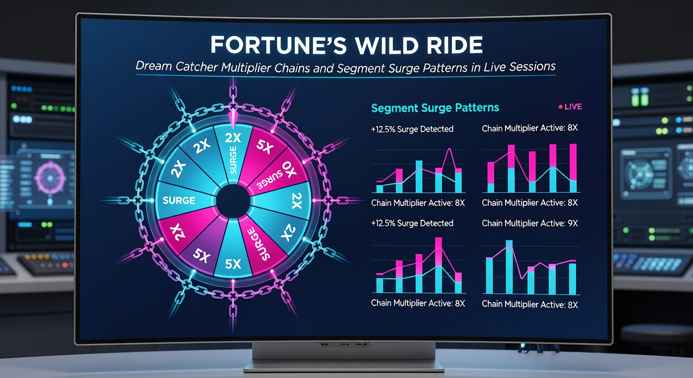 Grafiek met multiplierkettingen en segment surge-patronen uit live Dream Catcher data, toon pieken in frequenties tijdens maart 2026 sessies