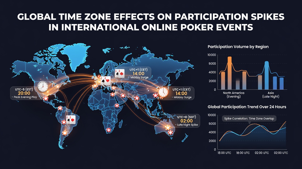 Kaart met tijdzones en piekuren voor poker deelname wereldwijd