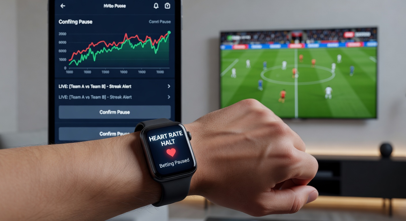 Smartwatch met hartslagmonitor gekoppeld aan een betting app tijdens een live voetbalwedstrijd, met een waarschuwingsscherm voor pauze