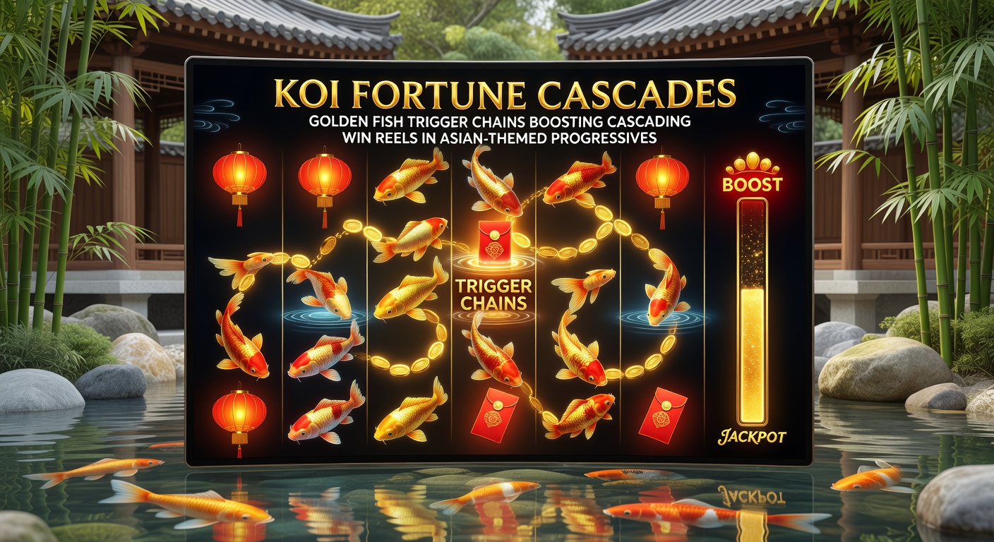 Vibrerende koi-vissen zwemmen door gouden watervallen in een slot met cascaderende rollen en progressieve jackpots, typisch voor Aziatisch gethematiseerde spellen