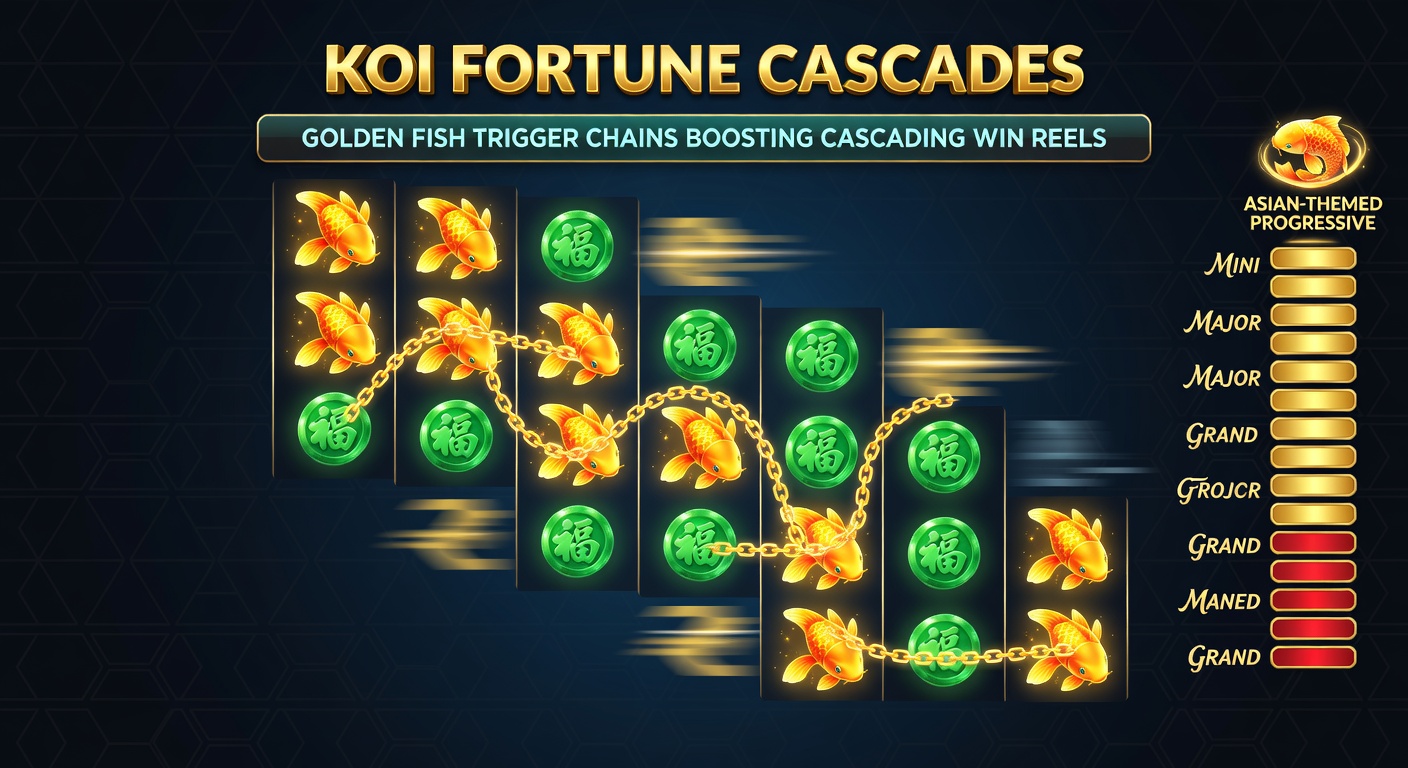Close-up van een cascading win sequentie met gouden vissen die multipliers activeren en progressieve meters vullen in Koi Fortune Cascades
