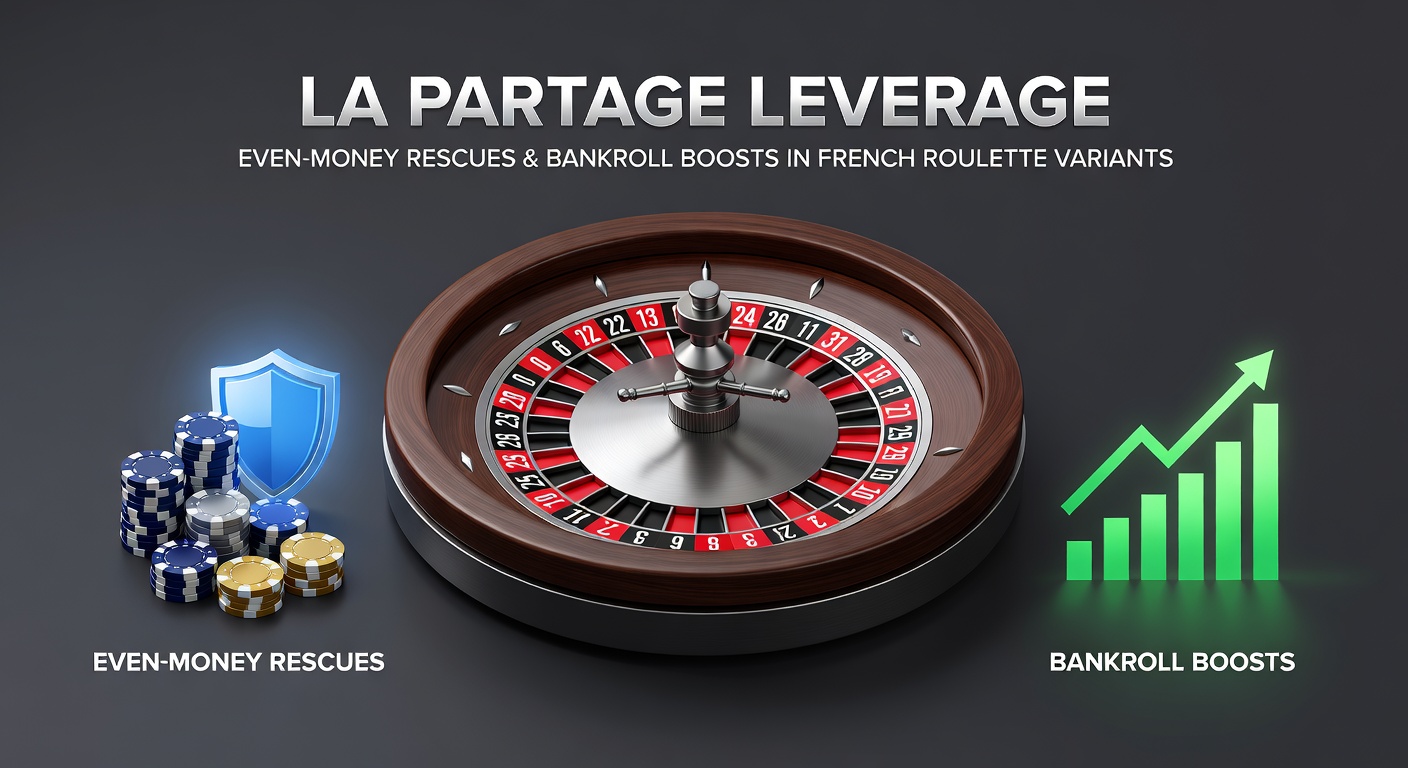 Grafiek met La Partage recovery rates in Franse roulette, staafdiagram van zero-hits en bankroll impact over duizenden spins