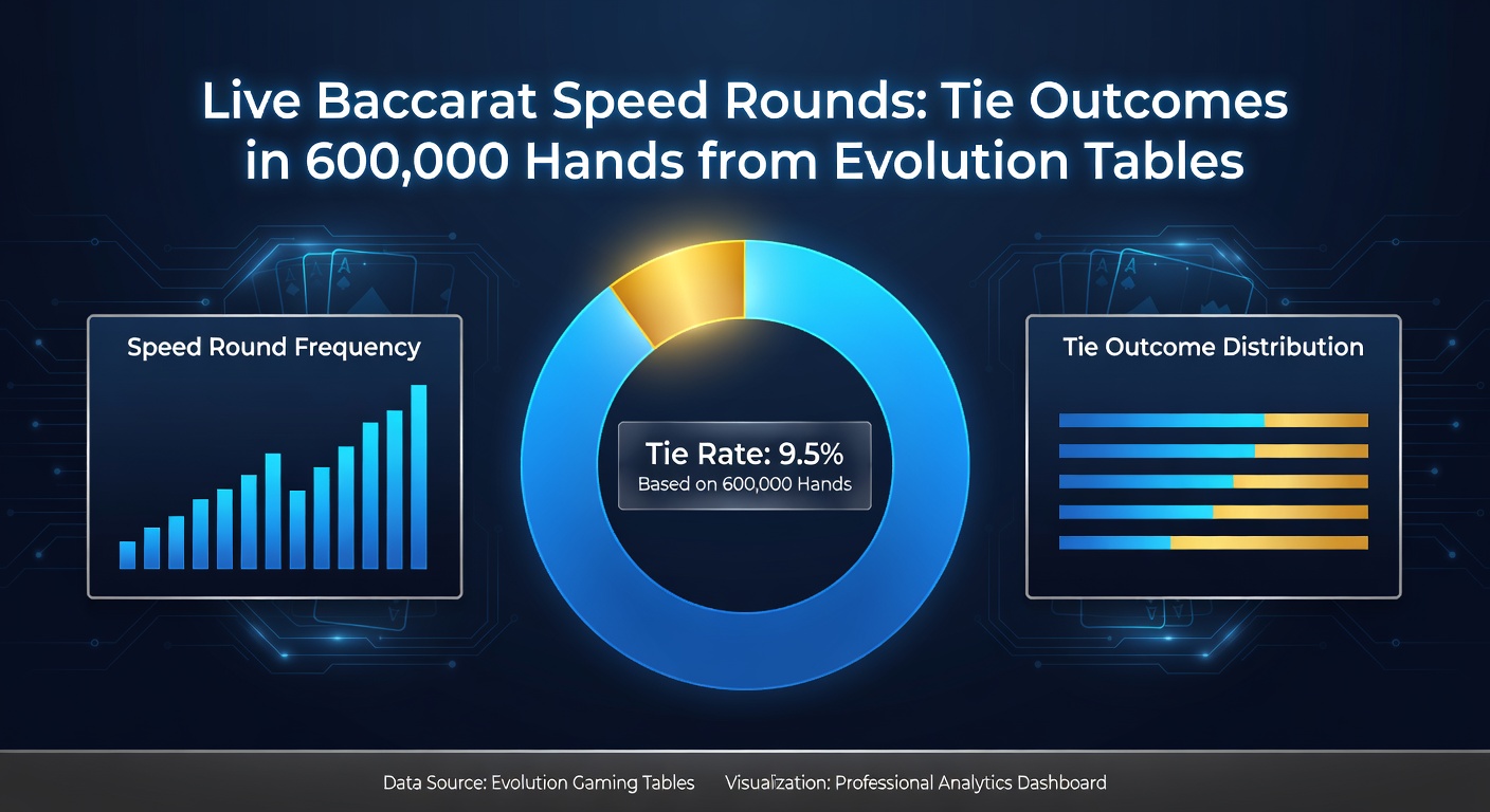 Grafiek met tie-uitkomsten in live speed baccarat ronden bij Evolution tafels, gebaseerd op 600.000 handen