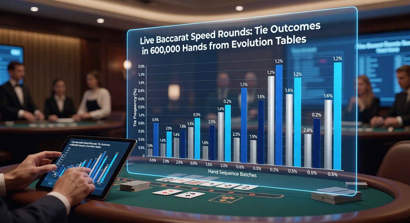 Visualisatie van tie-percentages en distributie over 600.000 speed baccarat handen, met pieken en dalen zichtbaar