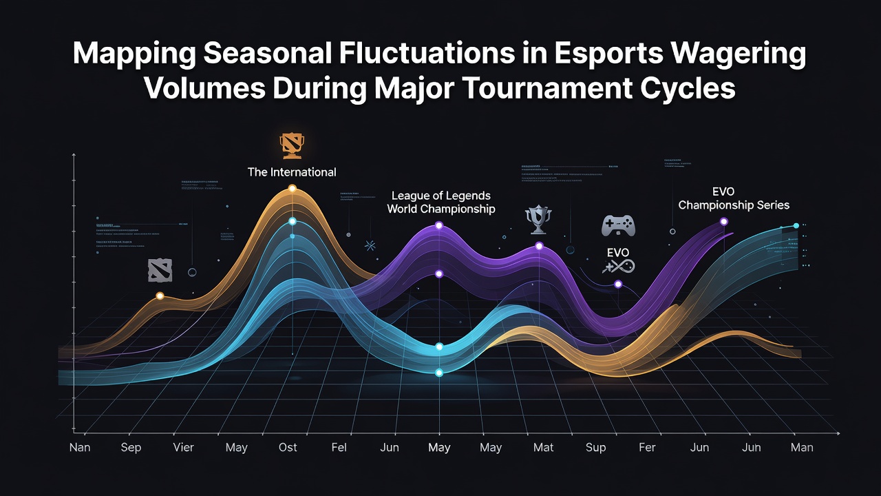 Grafiek die seizoensgebonden pieken in esports-wedvolumes toont tijdens toernooicycli