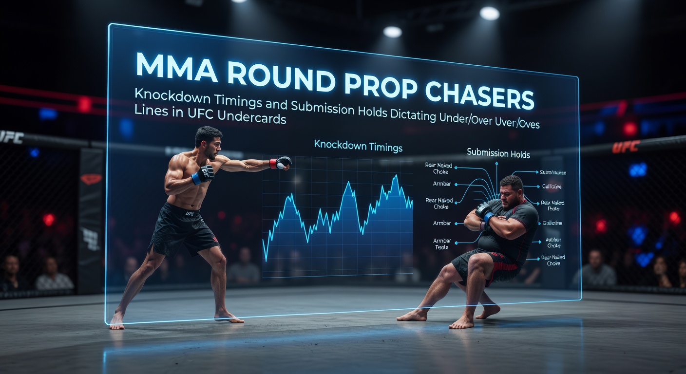Een intense MMA-vechter landt een knockdown in de eerste ronde van een UFC undercard gevecht, met de scheidsrechter dichtbij