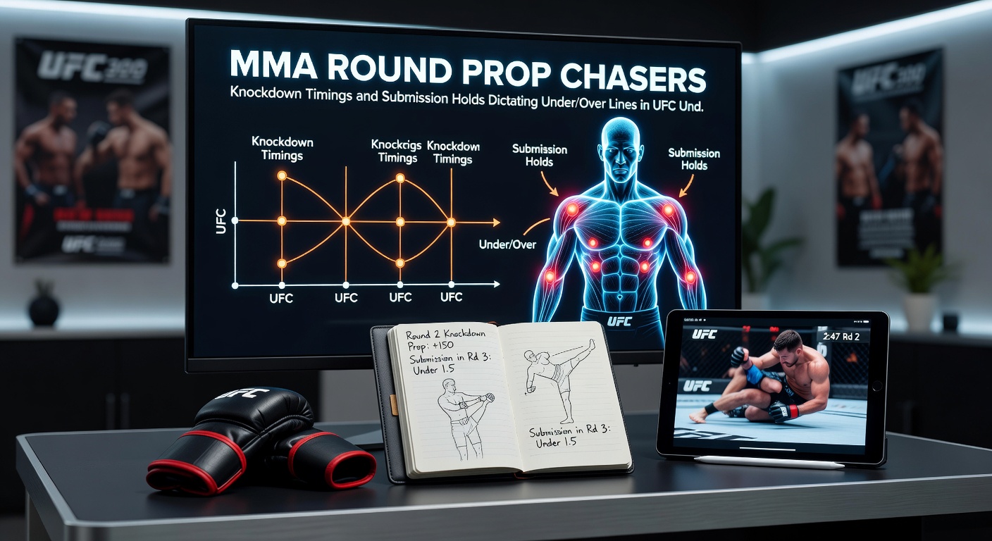 Een MMA-grappler zet een submission hold vast in een UFC undercard, met de tegenstander tappend in de laatste seconden van de ronde