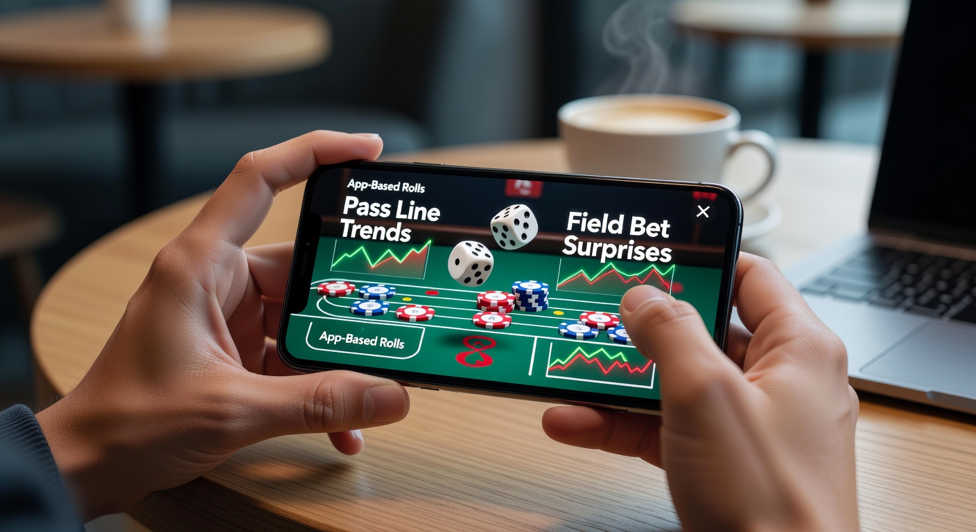 Grafiek met Pass Line winrates en Field Bet pieken uit mobiele craps-data, getoond op een tablet