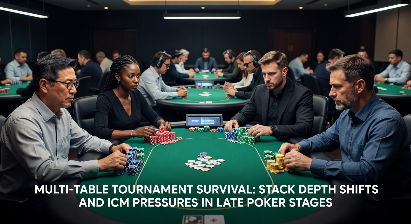 Grafiek die stackdiepte-veranderingen illustreert tijdens verschillende fasen van een multi-table poker toernooi, met lijnen voor blinds en gemiddelde stacks