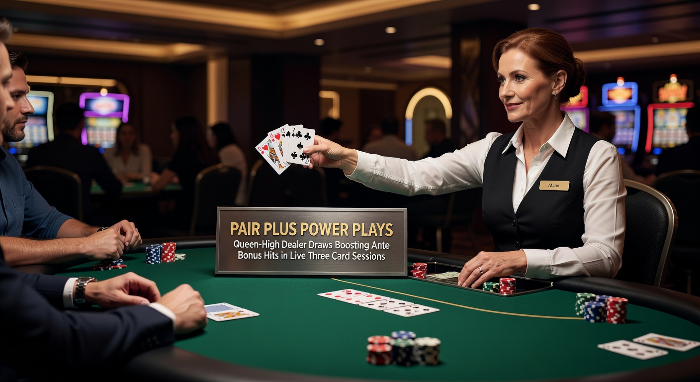 Live three card poker tafel met dealerkaarten zichtbaar, focus op queen-high draw en player pair plus uitbetaling