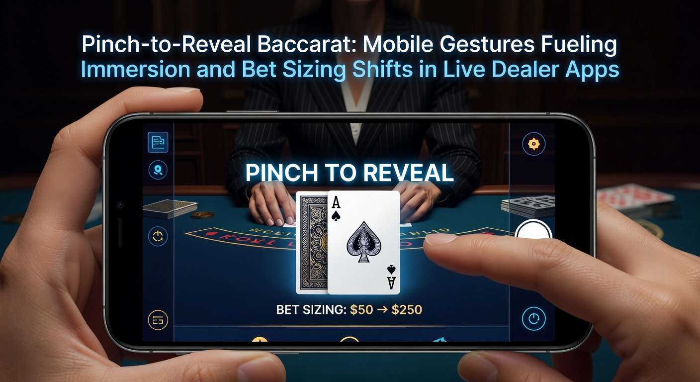 Schermafbeelding van een mobiele live baccarat-app met pinch-to-reveal gebaar dat kaarten onthult tijdens een sessie