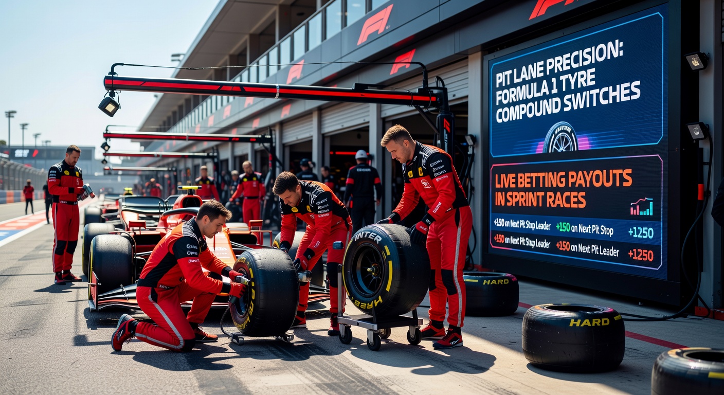 Formule 1 bolide in de pitlane tijdens een bandenwissel in een sprint race, met monteurs die razendsnel compounds vervangen