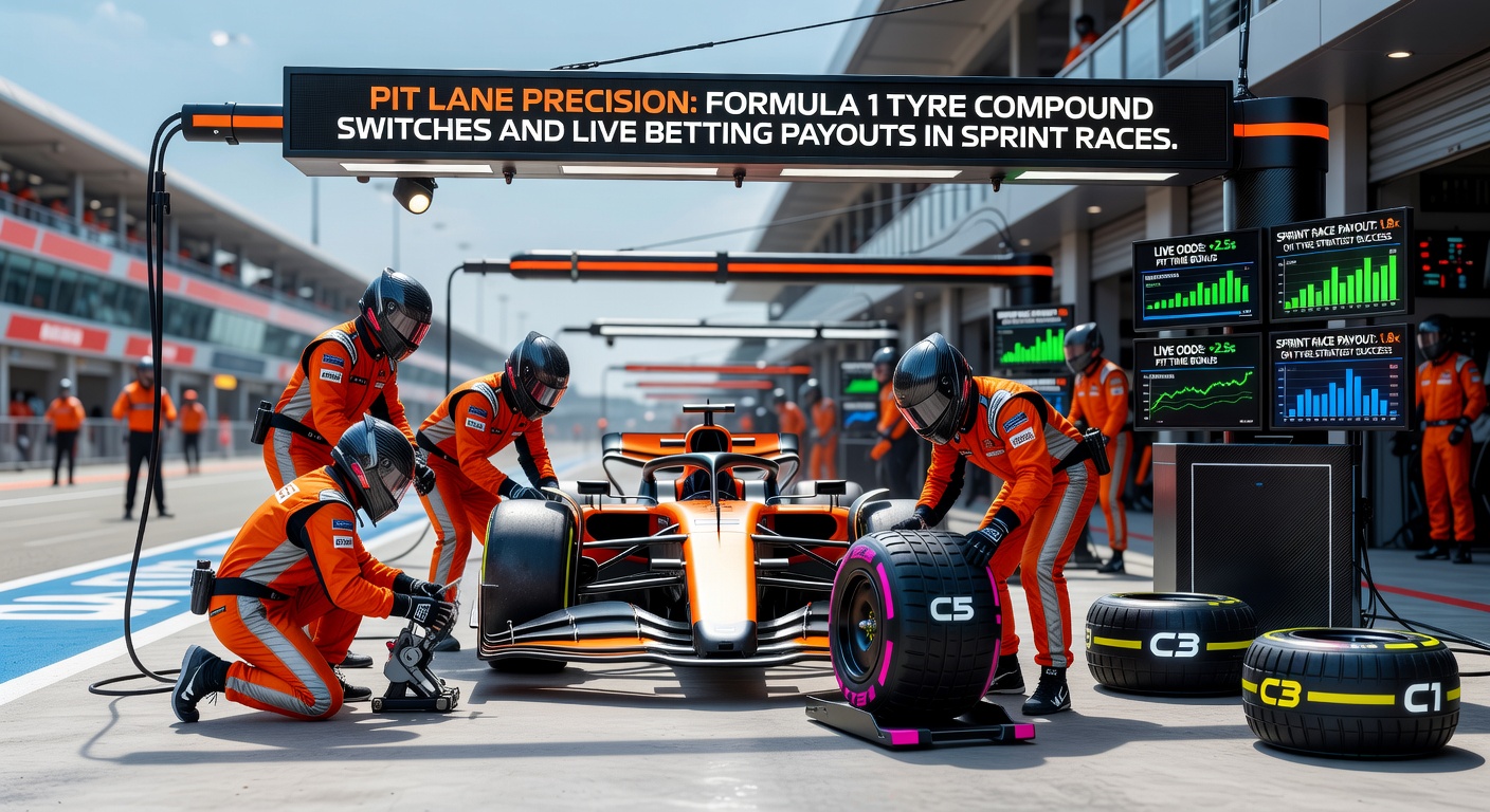 Grafiek met live betting odds veranderingen tijdens een Formule 1 sprint race pitstop, tonen pieken bij tyre switches