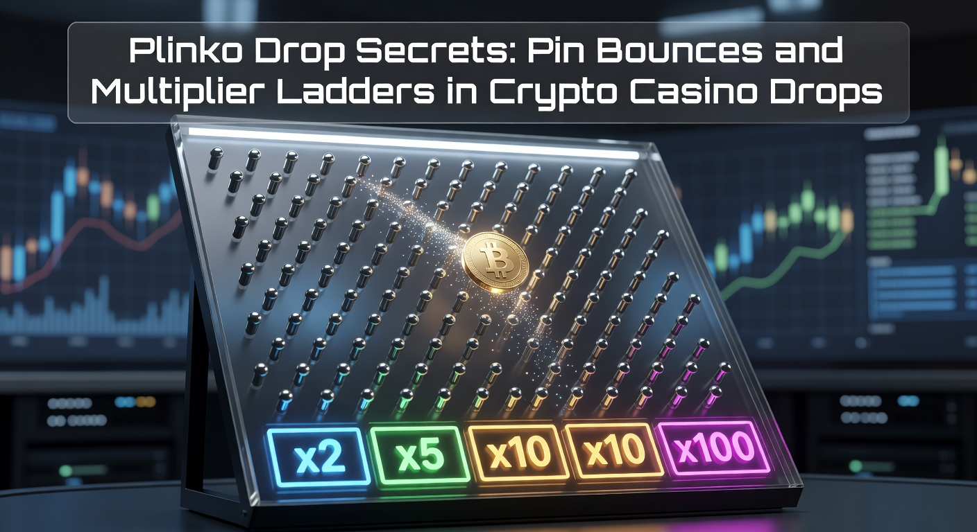 Plinko drop in volle actie met een puck die zigzagt door pins en multipliers raakt in een crypto casino interface