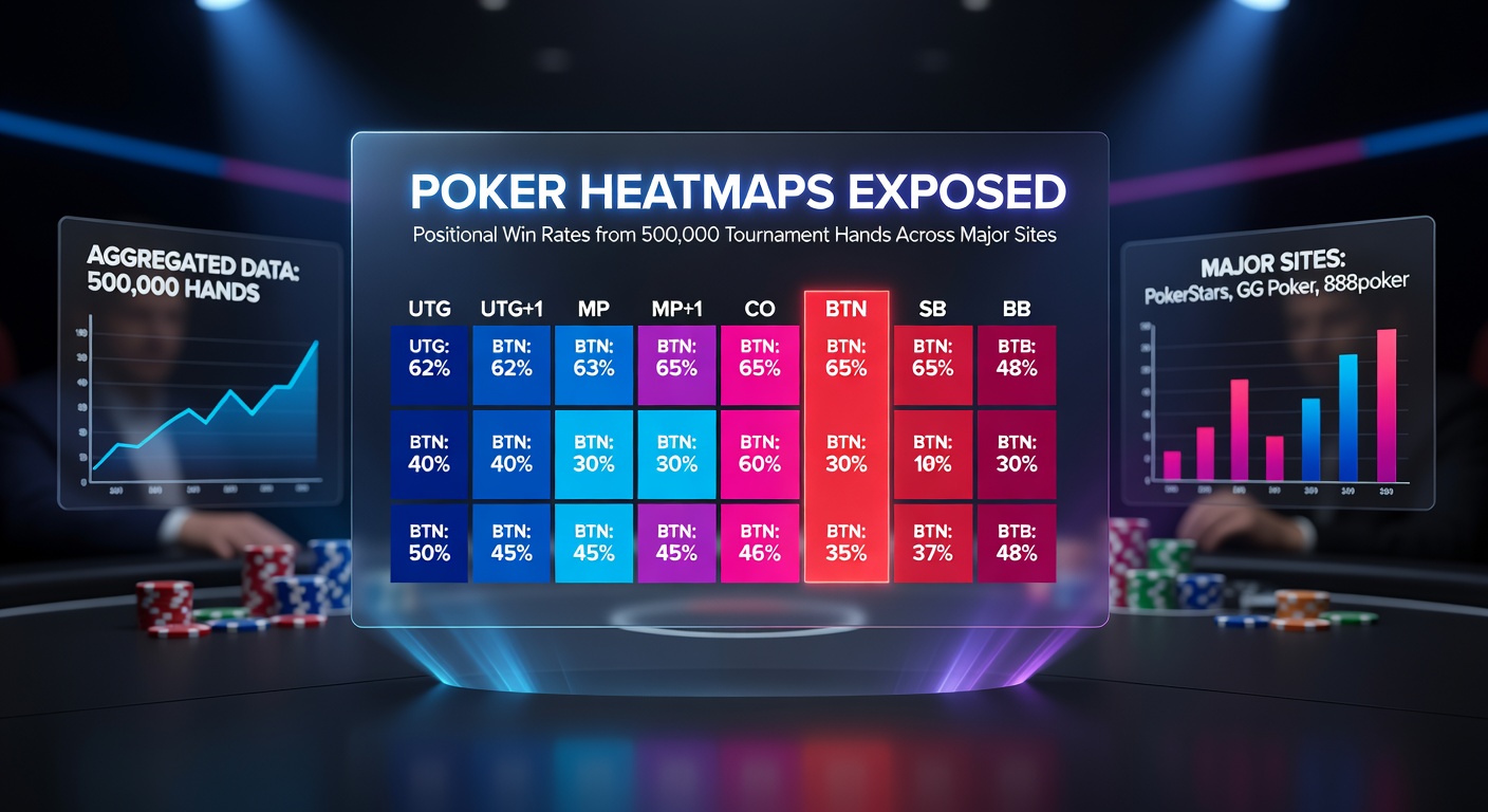 Heatmap van positiegebonden winrates in pokertoernooien, met kleurcodering voor verschillende tafels en posities