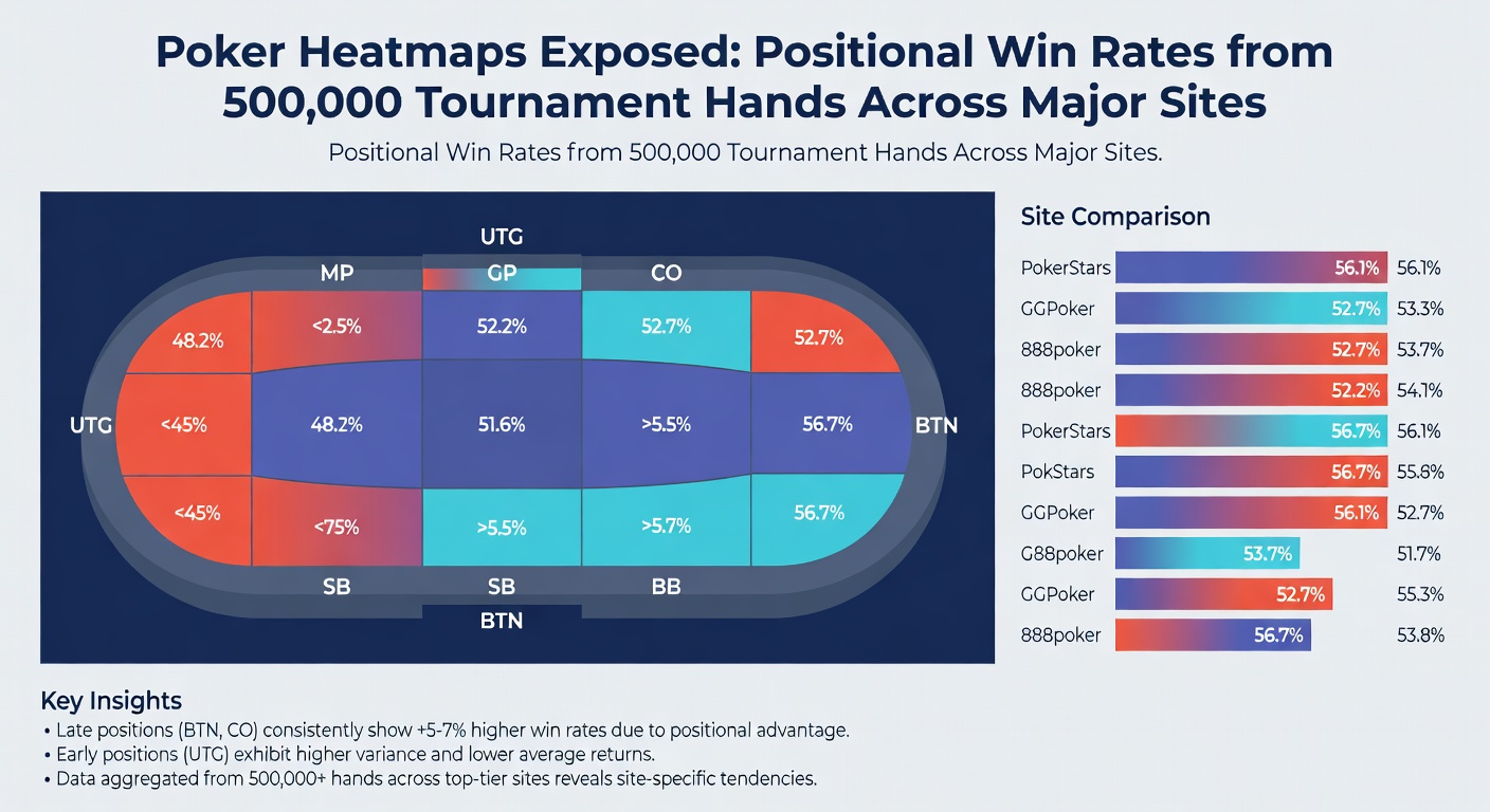 Gedetailleerde heatmap met winrate-percentages per stoelpositie, inclusief vergelijkingen tussen sites en stackdieptes