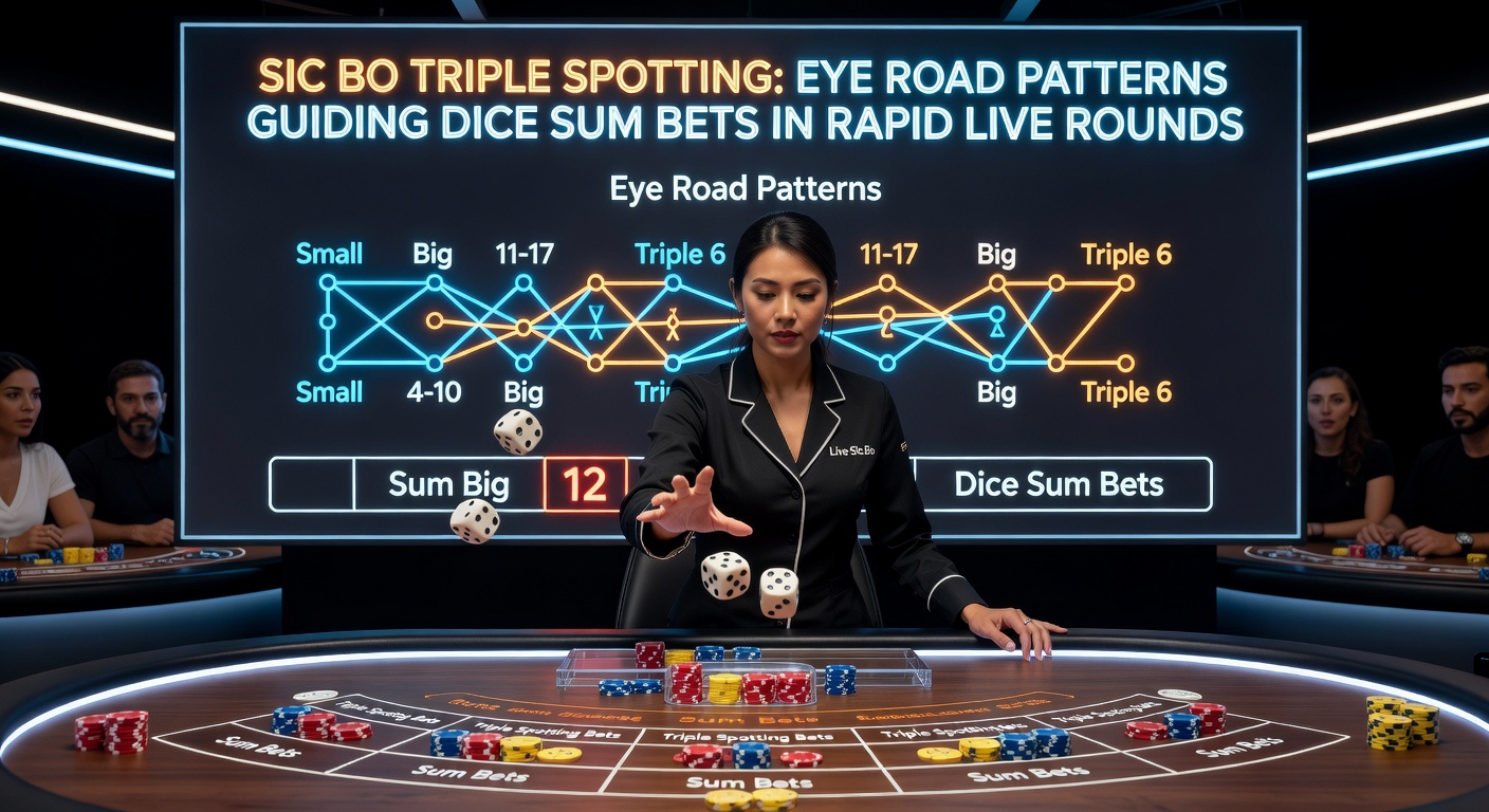 Close-up van Eye Road met triple spotting markeringen en som uitkomsten in een live Sic Bo sessie