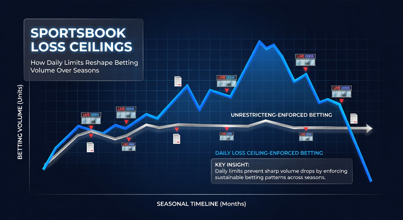 Grafiek die het dalende weddenschapvolume toont door invoering van dagelijkse verlieslimieten in Europese sportsbooks, met lijnen voor pre- en post-limiet periodes