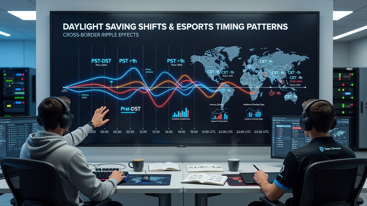 Kaart die tijdzones en esports toernooilocaties weergeeft met markeringen voor daglichtbesparingseffecten