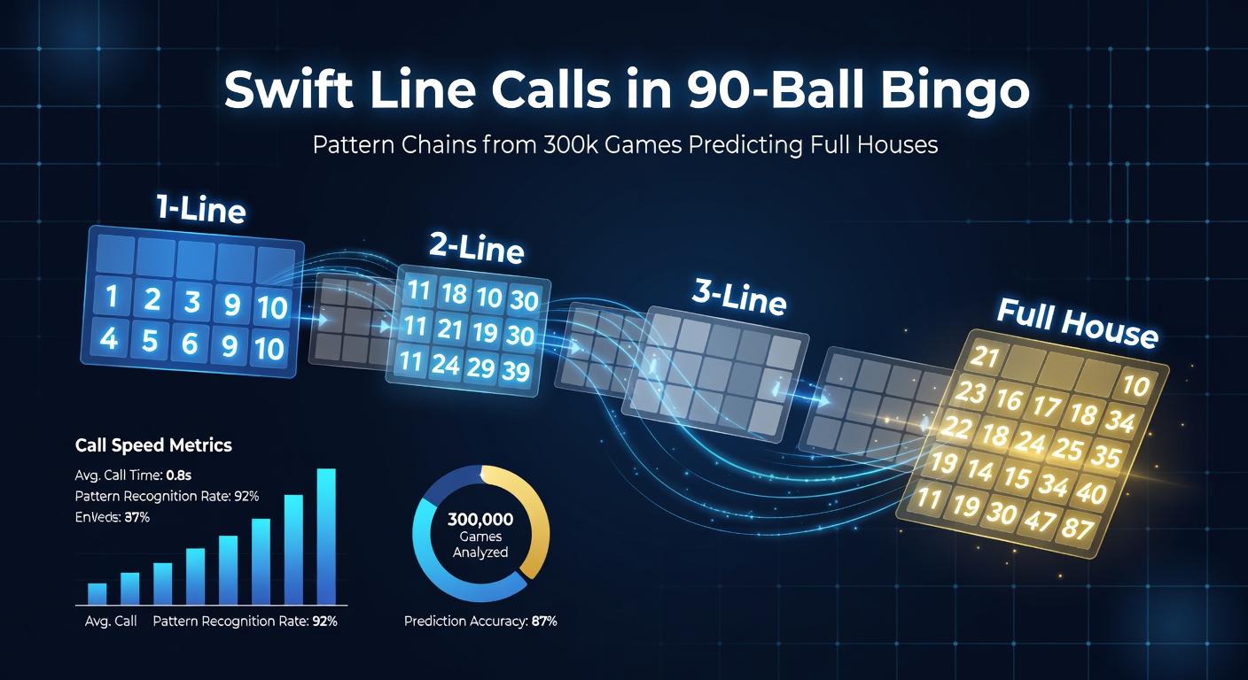 Visualisatie van chain-patronen in 90-ballen bingo, met lijnen leidend naar full house voorspellingen uit 300k games-data