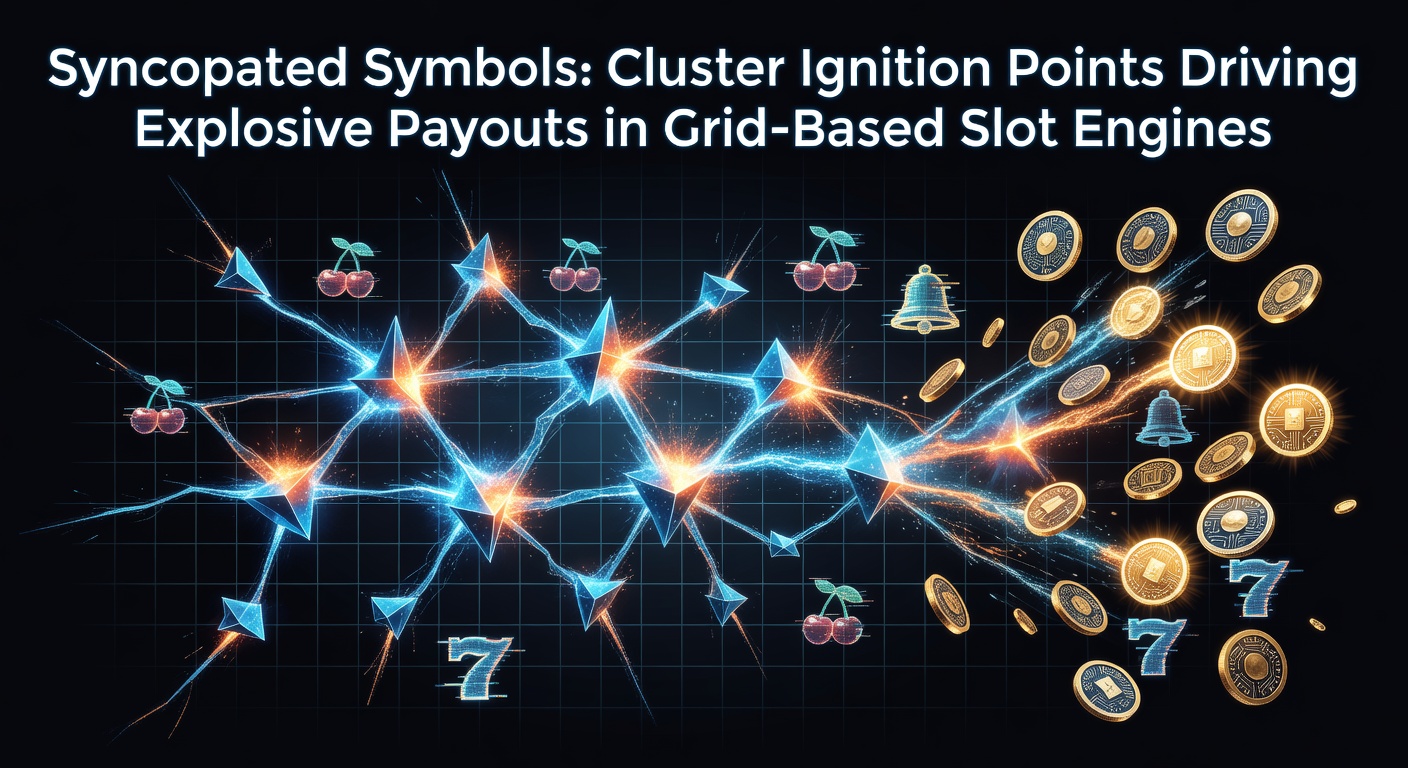 Raster met gesyncopeerde symbolen die clusters vormen in een grid-based slot, met ontbrandingseffecten en exploderende winlijnen