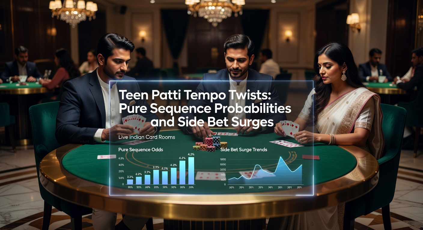 Live Teen Patti tafel met Indiase dealer en spelerskaarten in een bruisende online kaartkamer, waar pure sequences en side bets centraal staan