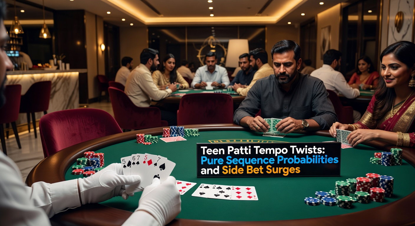 Grafiek met side bet uitbetalingscurves en pure sequence hits in een live Teen Patti sessie, highlightend surges in april 2026 data