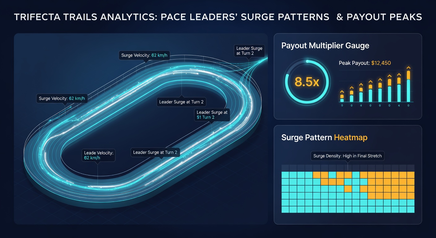 Grafiek met surge-curves van pacesetters en trifecta-payout histogram in virtuele races