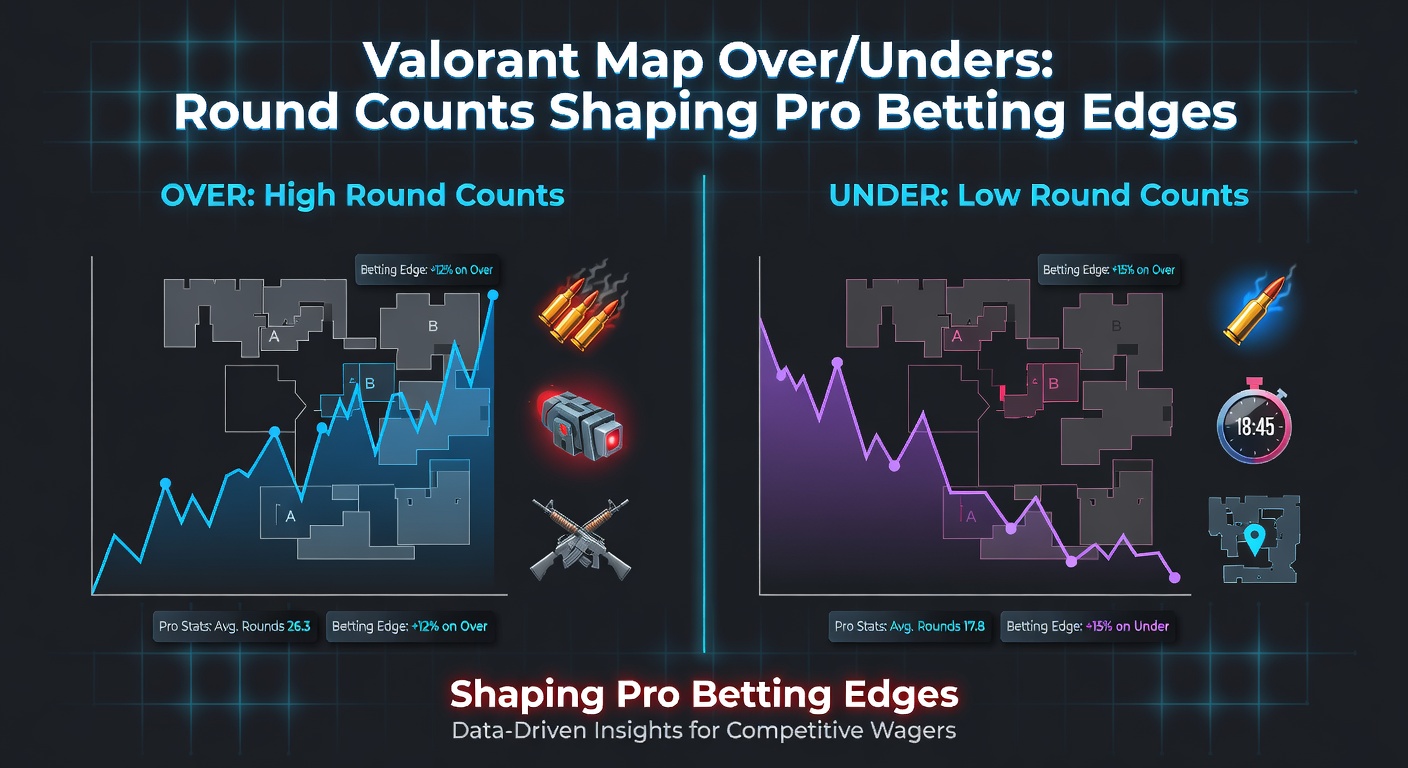 Professionele Valorant-spelers in actie op een map met overlay van ronde-tellers en betting odds