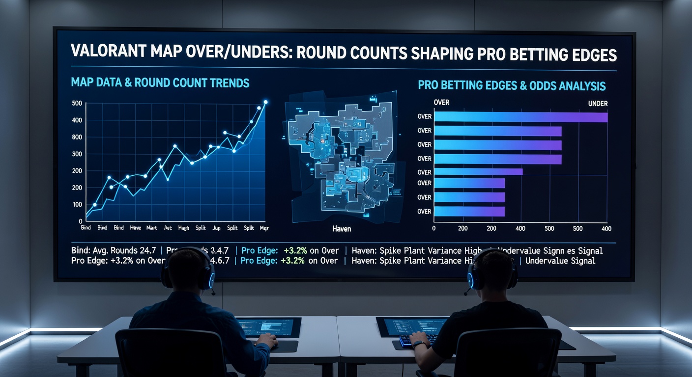 Grafiek met ronde-distributies op Valorant maps, highlightend over/under trends in pro toernooien