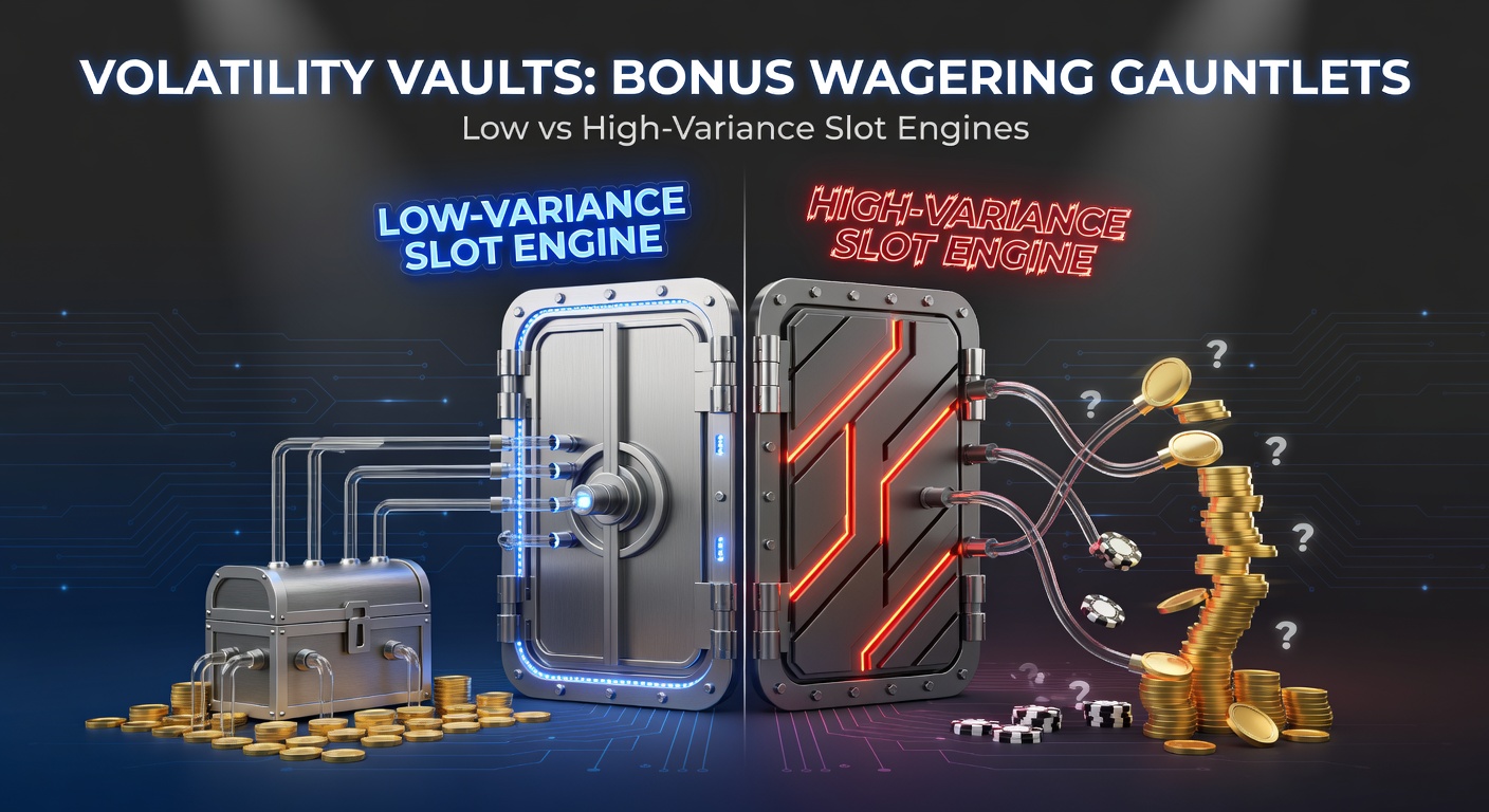 Grafiek die de volatiliteitscurve vergelijkt tussen laag- en hoog-variabele slots, met bonus wagering trajecten zichtbaar in een vault-structuur